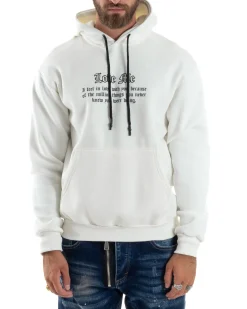 Felpa Uomo Con Cappuccio PolyCotton Garzato Maglia Con Tasca Marsupio Con Stampa Casual Comoda Panna GIOSAL-F3026A