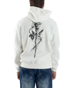 Felpa Uomo Con Cappuccio PolyCotton Garzato Maglia Con Tasca Marsupio Con Stampa Casual Comoda Panna GIOSAL-F3026A