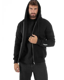 Felpa Uomo Con Cappuccio Zip Basic Tinta Unita Nero BERNA M252018