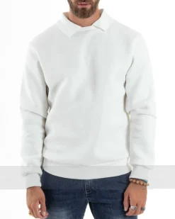 Felpa Uomo Con Colletto Polo Cotone Garzato Maglia Girocollo Comoda Regular Fit Casual Panna GIOSAL-F3025A