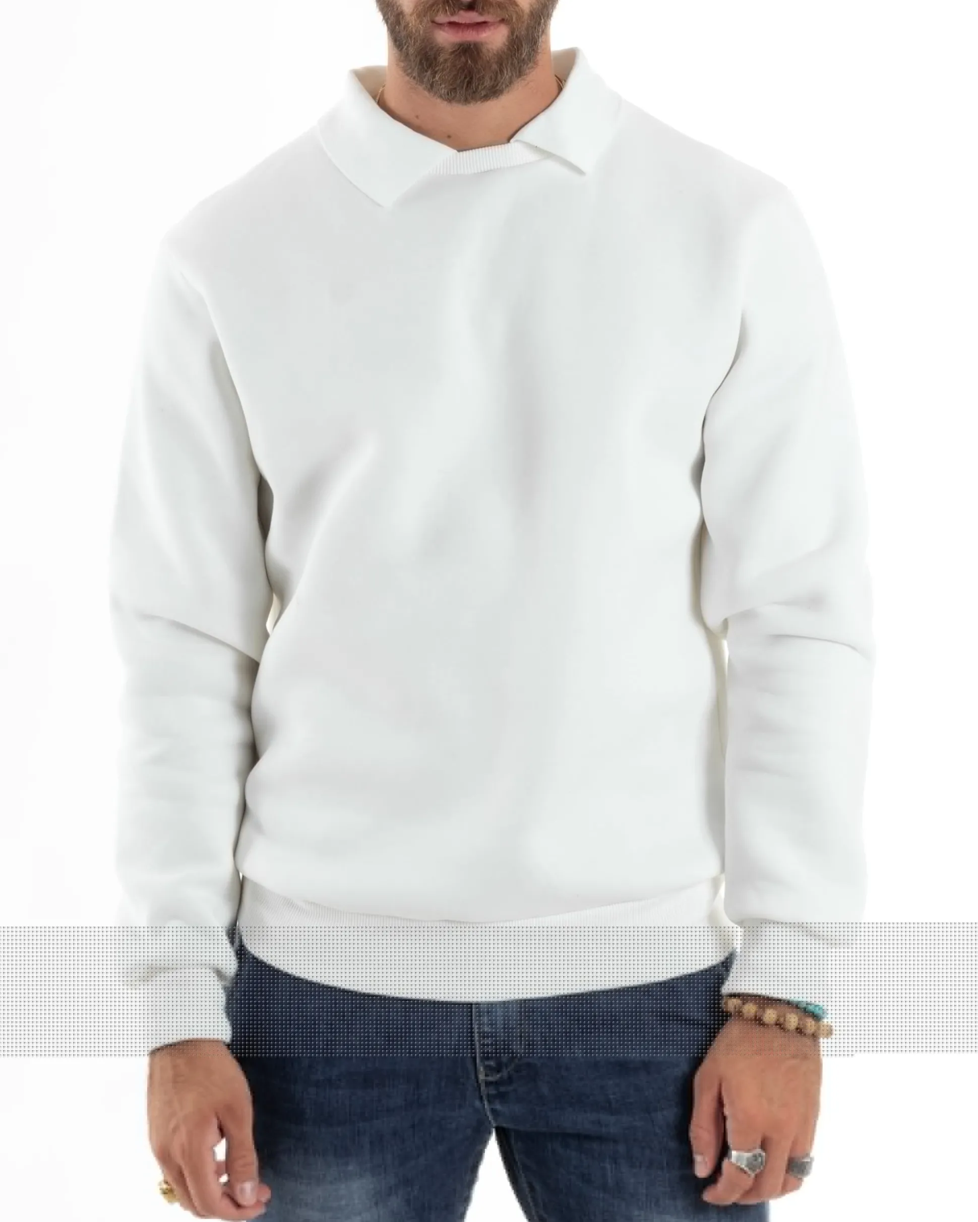 Felpa Uomo Con Colletto Polo Cotone Garzato Maglia Girocollo Comoda Regular Fit Casual Panna GIOSAL-F3025A
