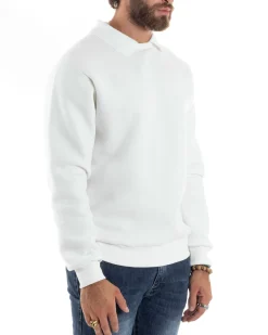 Felpa Uomo Con Colletto Polo Cotone Garzato Maglia Girocollo Comoda Regular Fit Casual Panna GIOSAL-F3025A