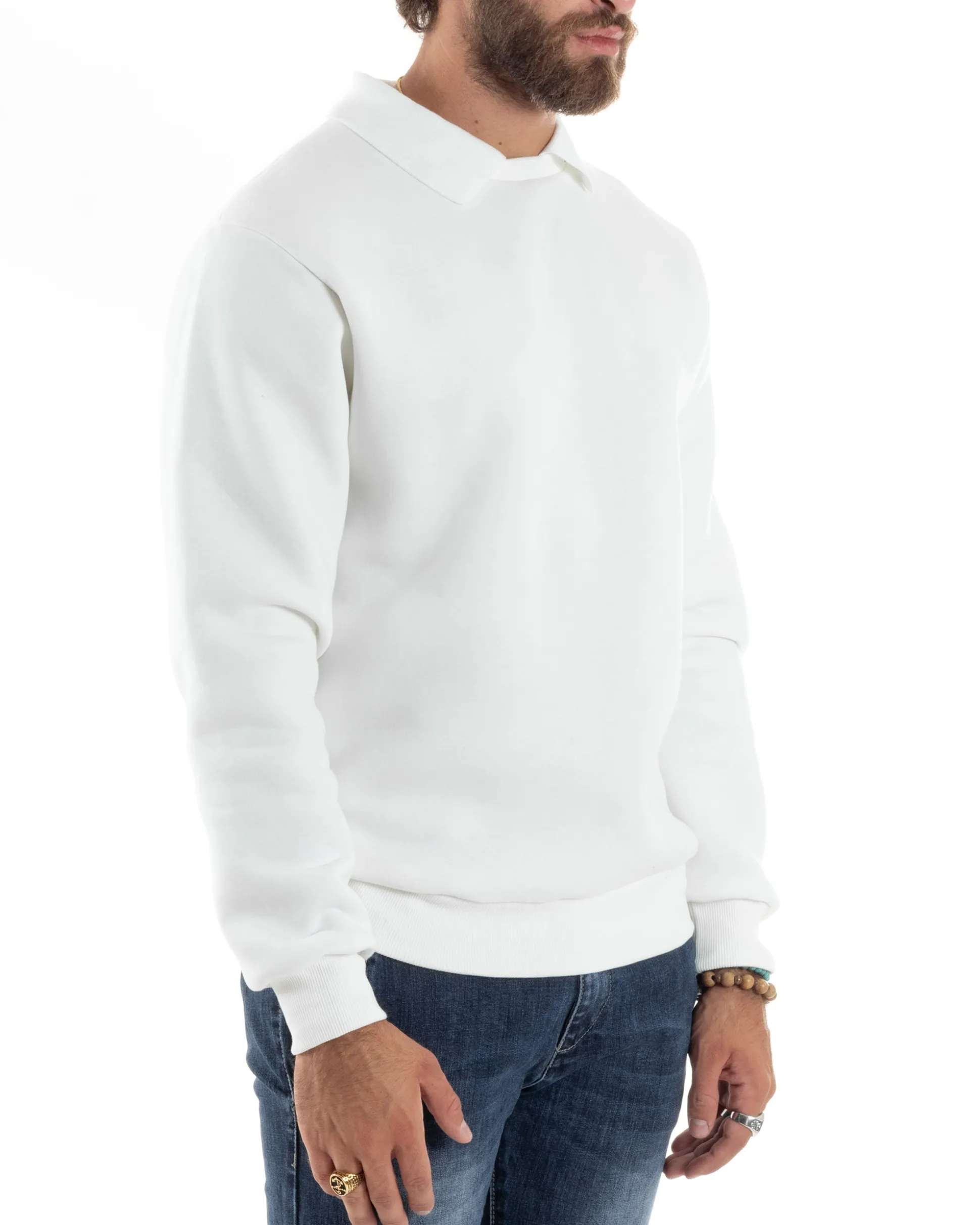 Felpa Uomo Con Colletto Polo Cotone Garzato Maglia Girocollo Comoda Regular Fit Casual Panna GIOSAL-F3025A