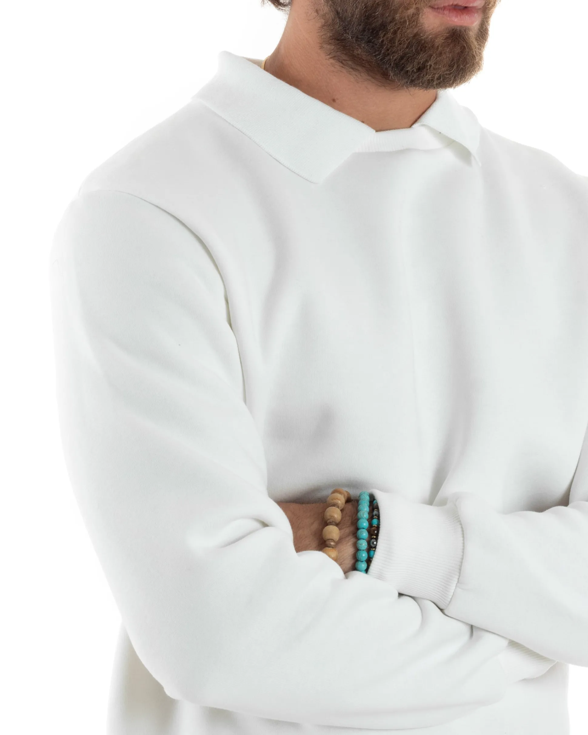 Felpa Uomo Con Colletto Polo Cotone Garzato Maglia Girocollo Comoda Regular Fit Casual Panna GIOSAL-F3025A