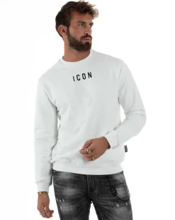 Felpa Uomo Girocollo Casual Regular Fit Stampa Scritta Basic Bianco ICON ICUF2W6F006