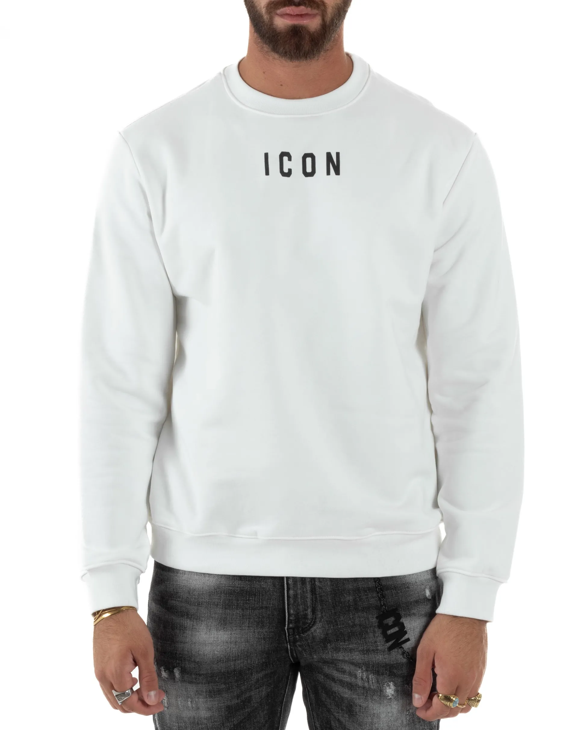 Felpa Uomo Girocollo Casual Regular Fit Stampa Scritta Basic Bianco ICON ICUF2W6F006