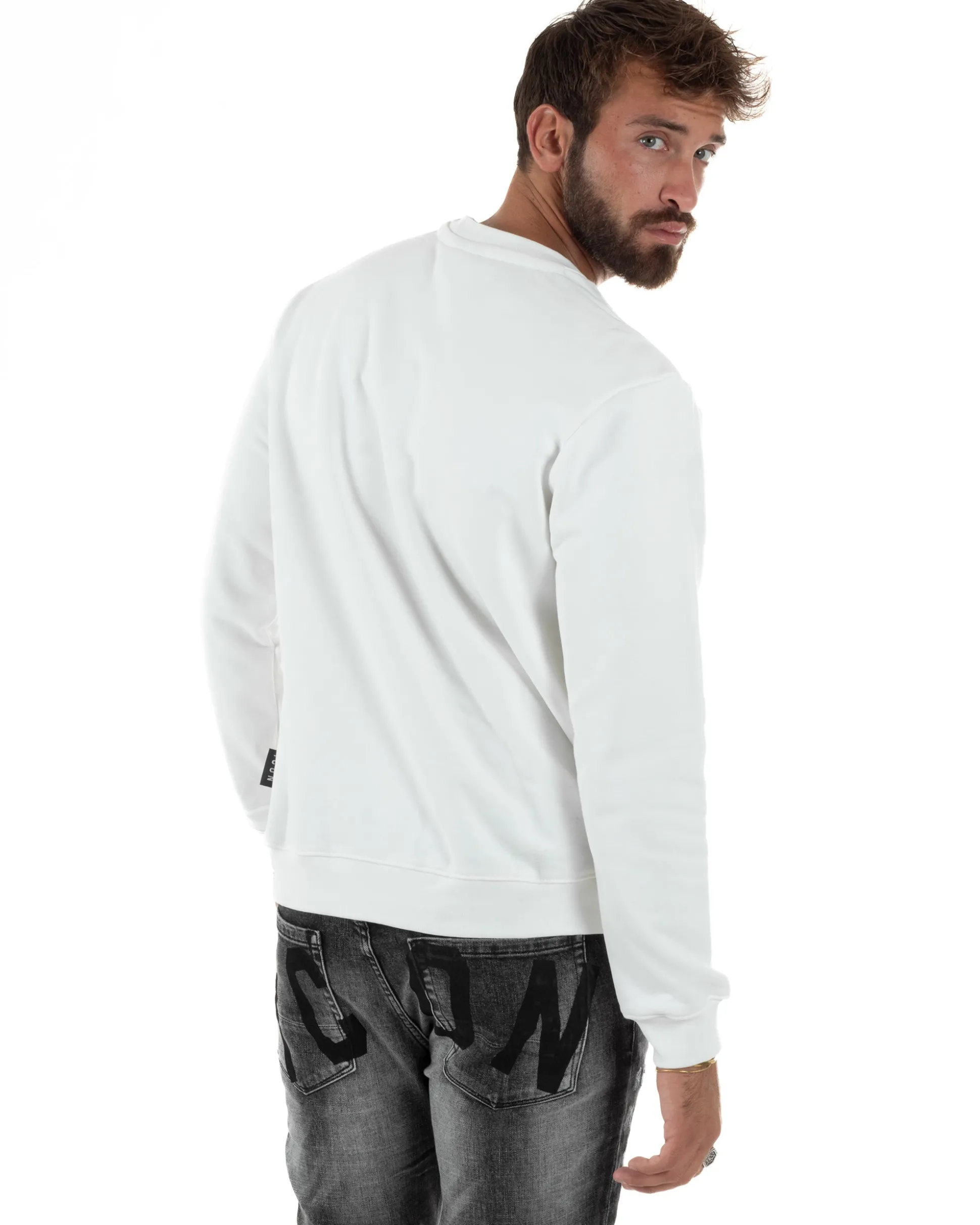 Felpa Uomo Girocollo Casual Regular Fit Stampa Scritta Basic Bianco ICON ICUF2W6F006