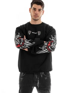 Felpa Uomo Girocollo Maglia Oversize Stampa Nero GIOSAL-F2986A