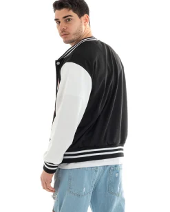 Felpa Uomo Giubbotto College Varsity Stampa Con Patch Giaccone Caldo Bicolore Casual Nero GIOSAL-F2973A