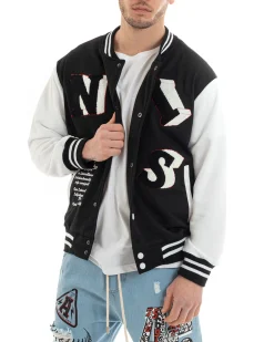 Felpa Uomo Giubbotto College Varsity Stampa Con Patch Giaccone Caldo Bicolore Casual Nero GIOSAL-F2973A