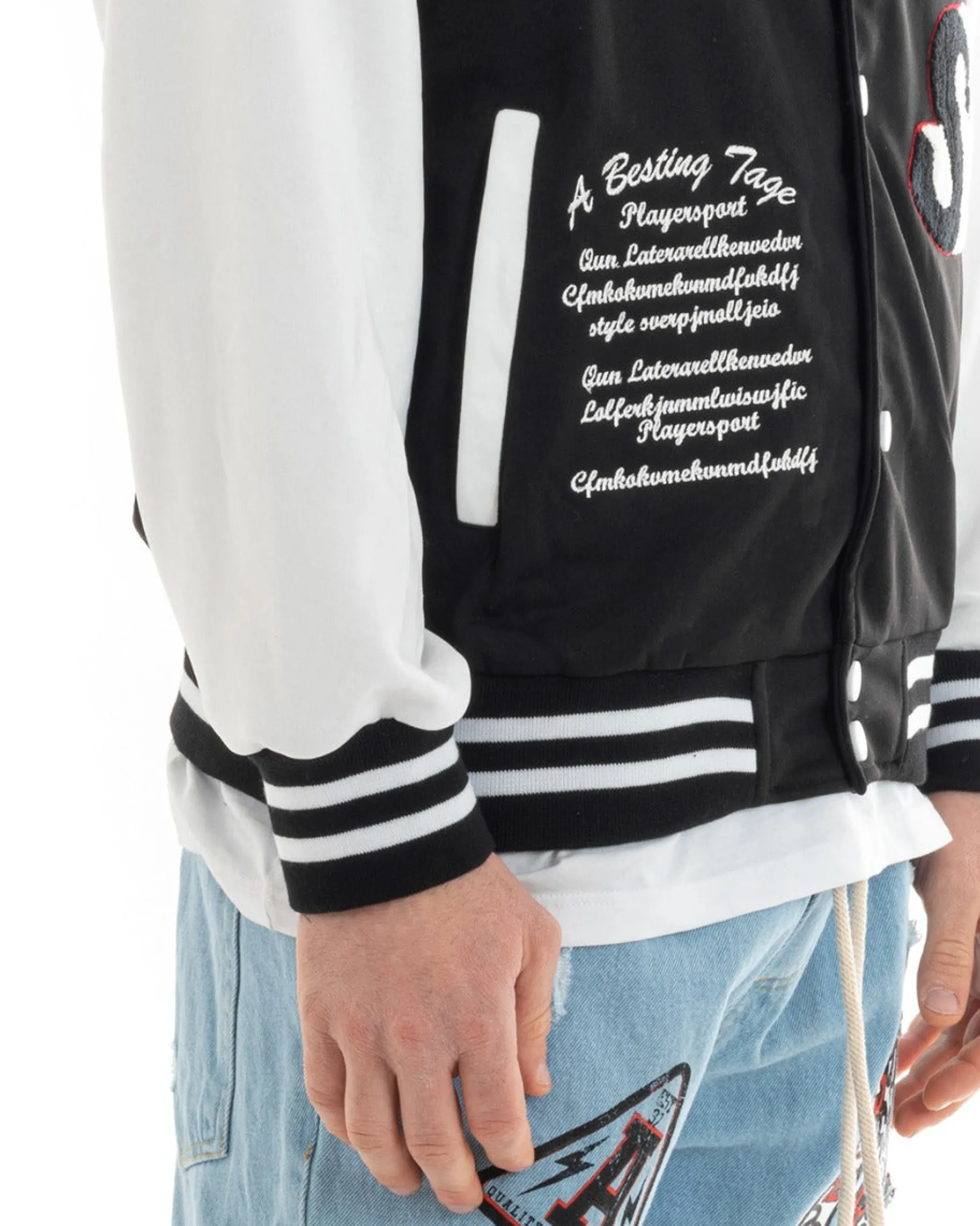 Felpa Uomo Giubbotto College Varsity Stampa Con Patch Giaccone Caldo Bicolore Casual Nero GIOSAL-F2973A
