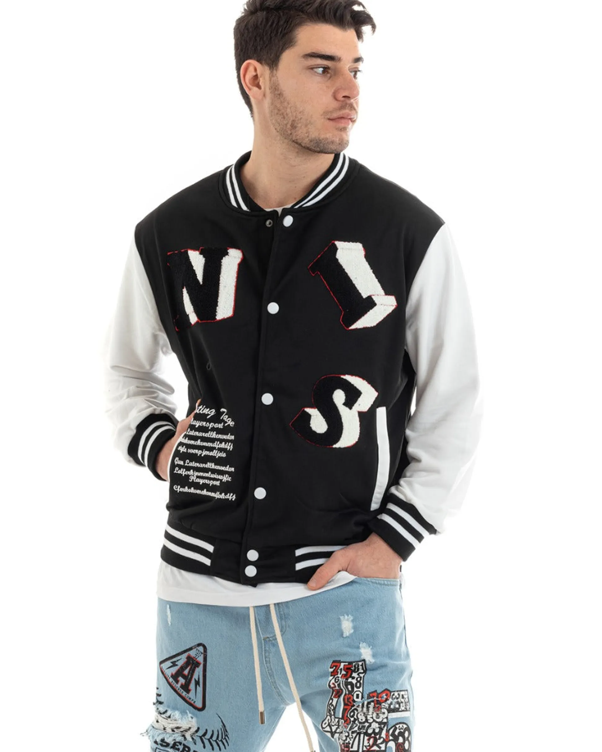 Felpa Uomo Giubbotto College Varsity Stampa Con Patch Giaccone Caldo Bicolore Casual Nero GIOSAL-F2973A