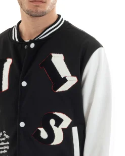 Felpa Uomo Giubbotto College Varsity Stampa Con Patch Giaccone Caldo Bicolore Casual Nero GIOSAL-F2973A