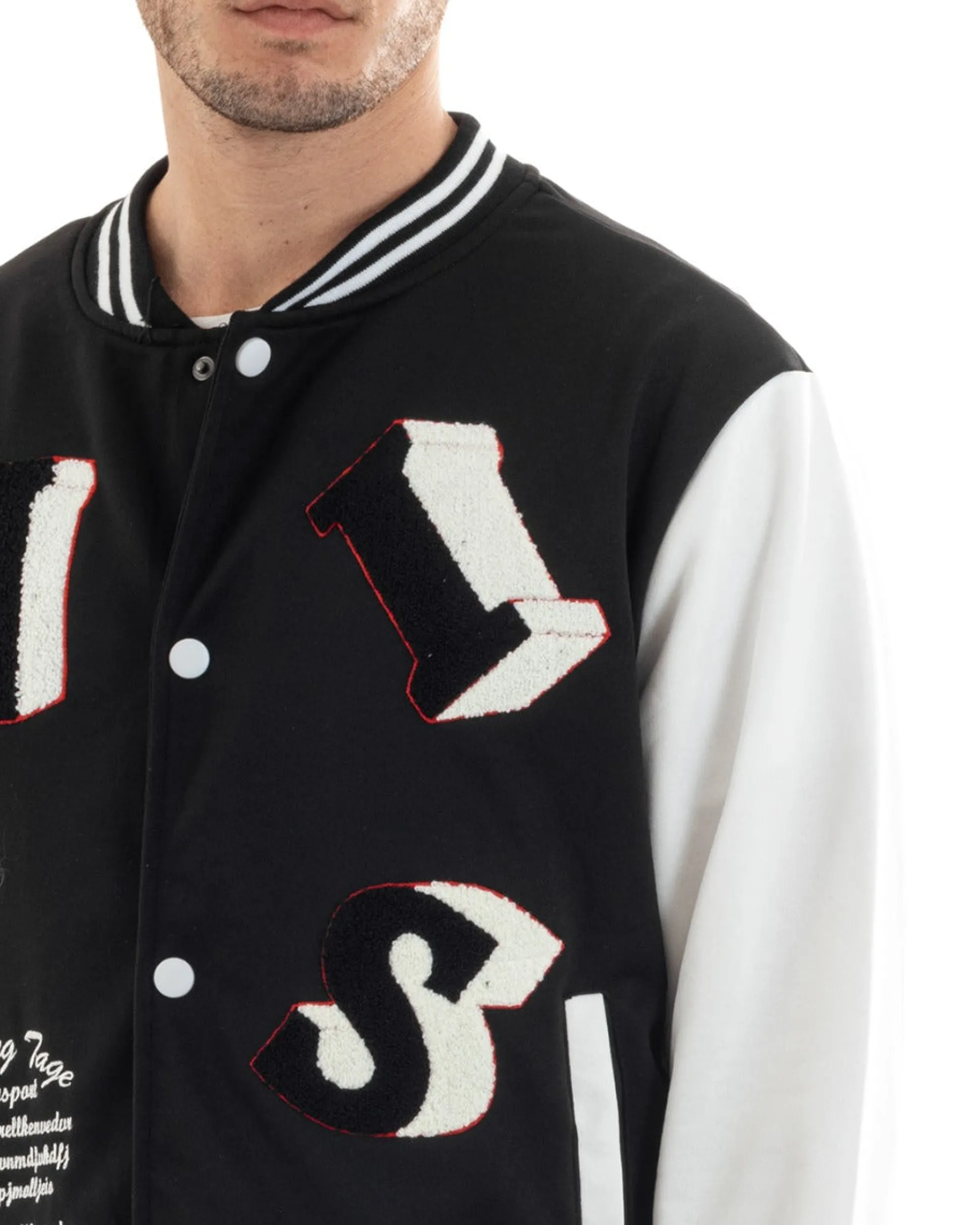 Felpa Uomo Giubbotto College Varsity Stampa Con Patch Giaccone Caldo Bicolore Casual Nero GIOSAL-F2973A