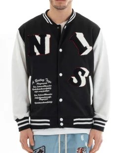 Felpa Uomo Giubbotto College Varsity Stampa Con Patch Giaccone Caldo Bicolore Casual Nero GIOSAL-F2973A