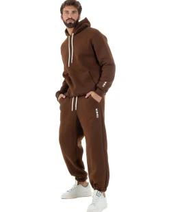 Felpa Uomo Hoodie Con Cappuccio Logo Felpata Comoda Marrone Berna M-252019