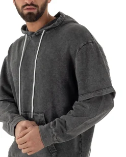 Felpa Uomo Long Sleeve Doppio Strato Slavata Boxy Fit Cappuccio Nero F3076A