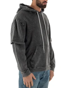 Felpa Uomo Long Sleeve Doppio Strato Slavata Boxy Fit Cappuccio Nero F3076A