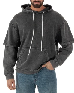 Felpa Uomo Long Sleeve Doppio Strato Slavata Boxy Fit Cappuccio Nero F3076A