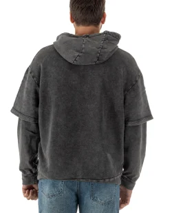 Felpa Uomo Long Sleeve Doppio Strato Slavata Boxy Fit Cappuccio Nero F3076A