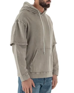 Felpa Uomo Long Sleeve Doppio Strato Slavata Boxy Fit Cappuccio Beige F3077A
