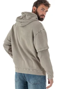 Felpa Uomo Long Sleeve Doppio Strato Slavata Boxy Fit Cappuccio Beige F3077A