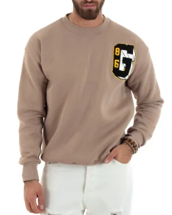 Felpa Uomo Manica Lunga Stampa Ricamo Lettera Tinta Unita Beige Felpata Casual Comfy GIOSAL-F3044A