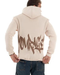 Felpa Uomo PolyCotton Garzata Maglia Calda Con Cappuccio Stampa E Tascone Relaxed Fit Beige GIOSAL-F3028A