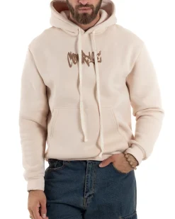 Felpa Uomo PolyCotton Garzata Maglia Calda Con Cappuccio Stampa E Tascone Relaxed Fit Beige GIOSAL-F3028A