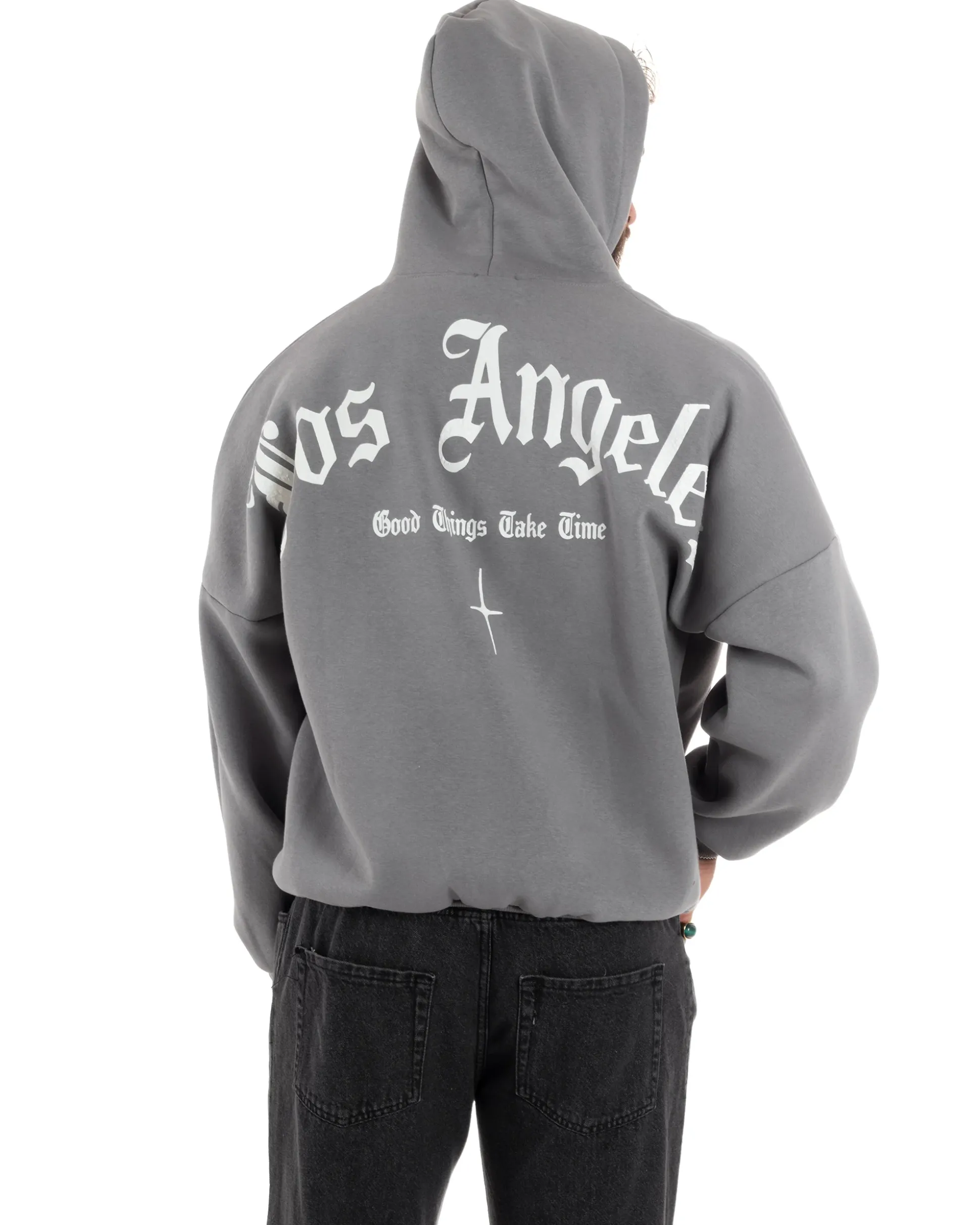 Felpa Uomo PolyCotton Garzata Con Cappuccio Regolabile Stampa Marsupio Maglia Casual Calda Oversize Grigio GIOSAL-F3032A