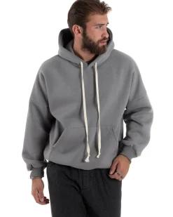 Felpa Uomo PolyCotton Garzata Con Cappuccio Regolabile Stampa Marsupio Maglia Casual Calda Oversize Grigio GIOSAL-F3032A