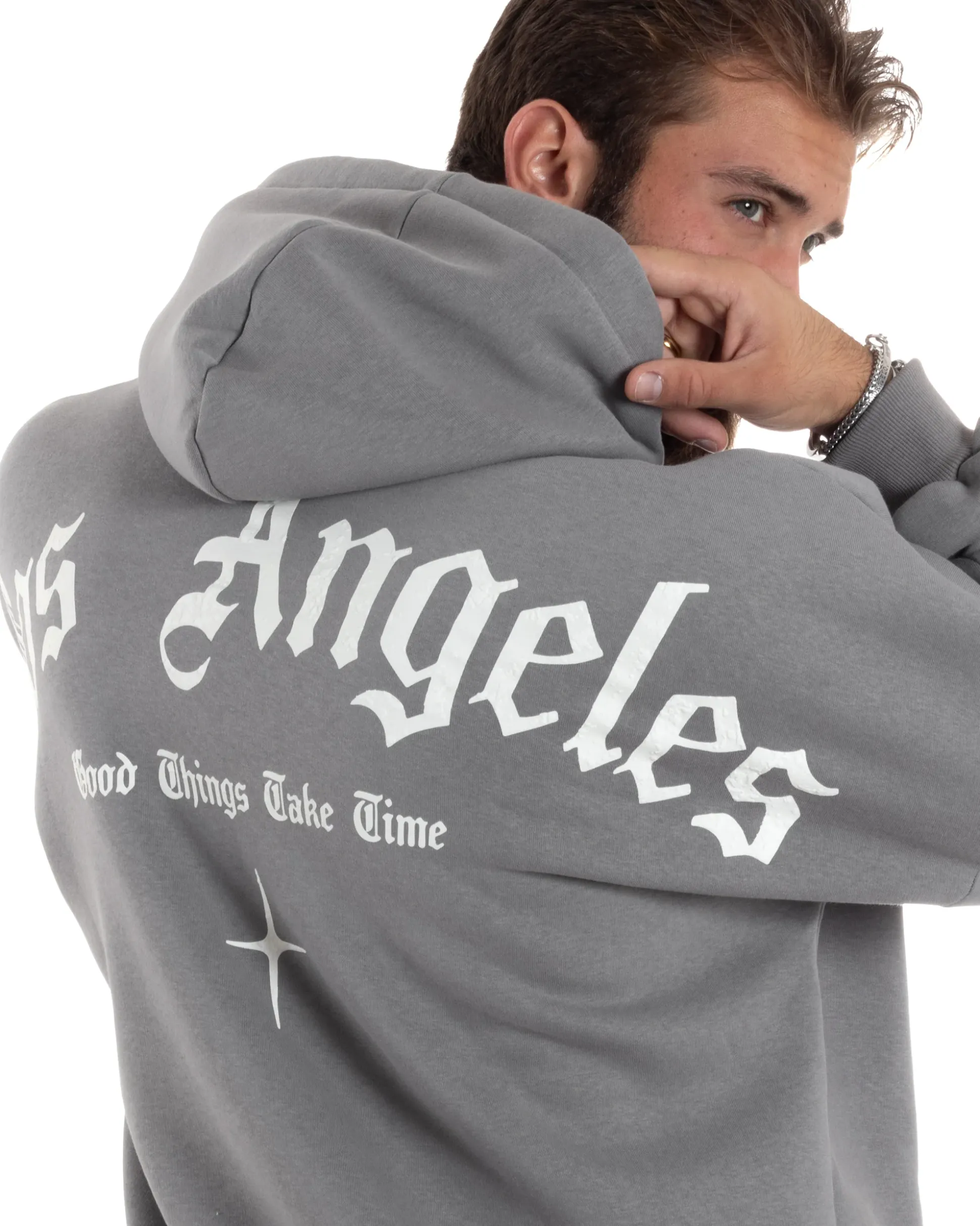 Felpa Uomo PolyCotton Garzata Con Cappuccio Regolabile Stampa Marsupio Maglia Casual Calda Oversize Grigio GIOSAL-F3032A