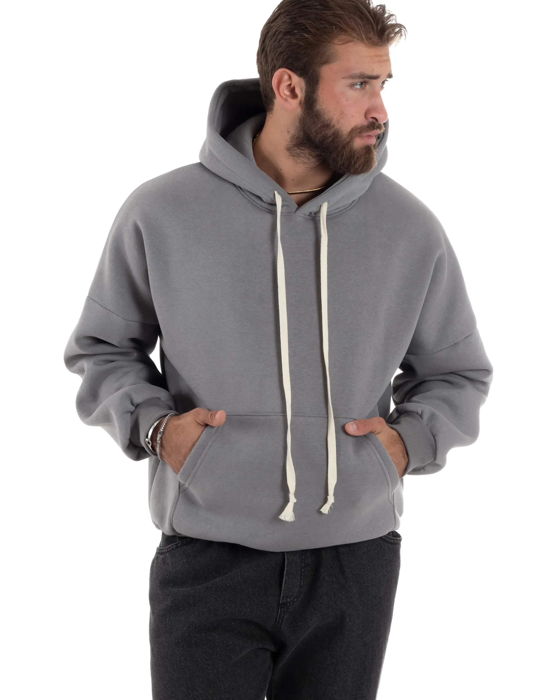 Felpa Uomo PolyCotton Garzata Con Cappuccio Regolabile Stampa Marsupio Maglia Casual Calda Oversize Grigio GIOSAL-F3032A