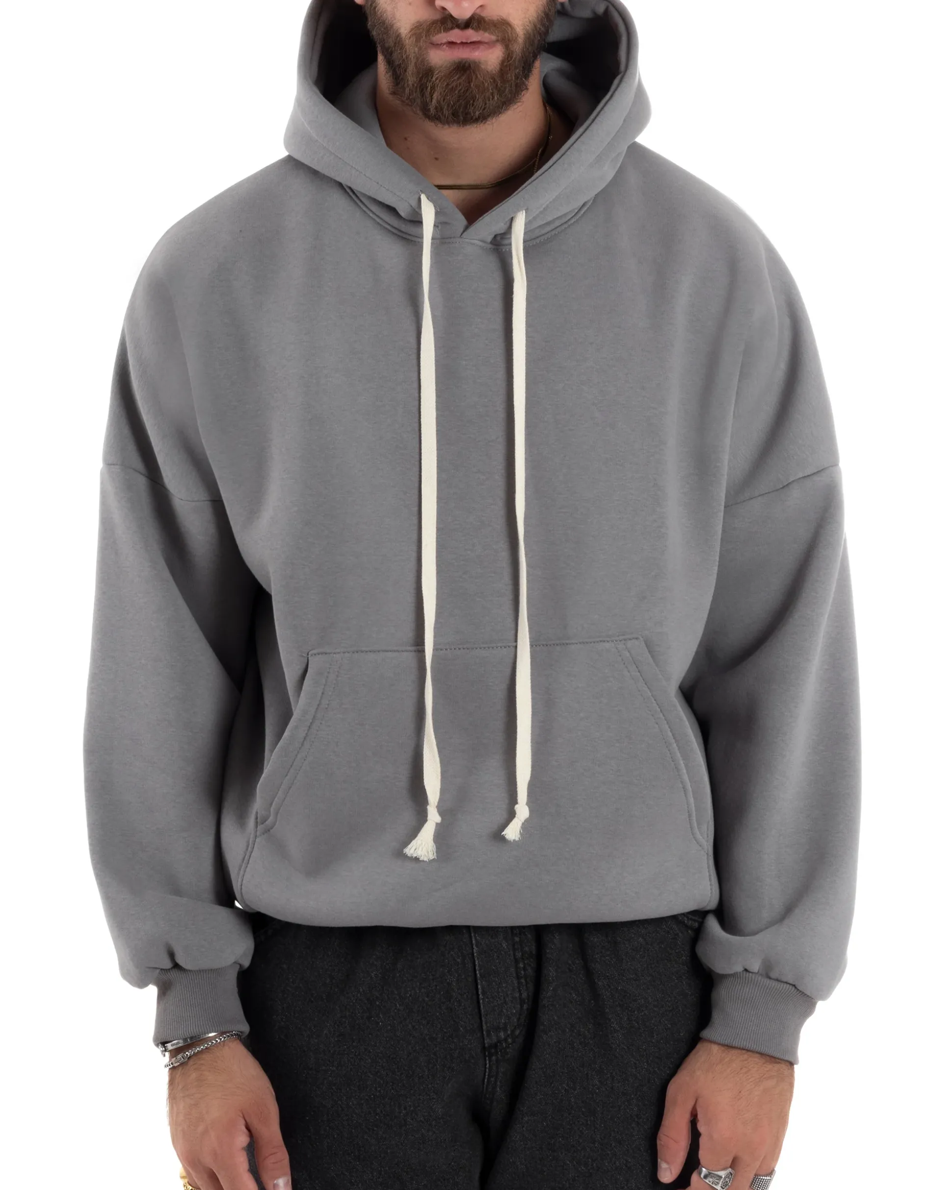 Felpa Uomo PolyCotton Garzata Con Cappuccio Regolabile Stampa Marsupio Maglia Casual Calda Oversize Grigio GIOSAL-F3032A