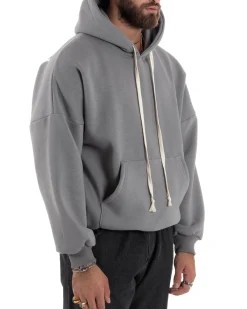 Felpa Uomo PolyCotton Garzata Con Cappuccio Regolabile Stampa Marsupio Maglia Casual Calda Oversize Grigio GIOSAL-F3032A