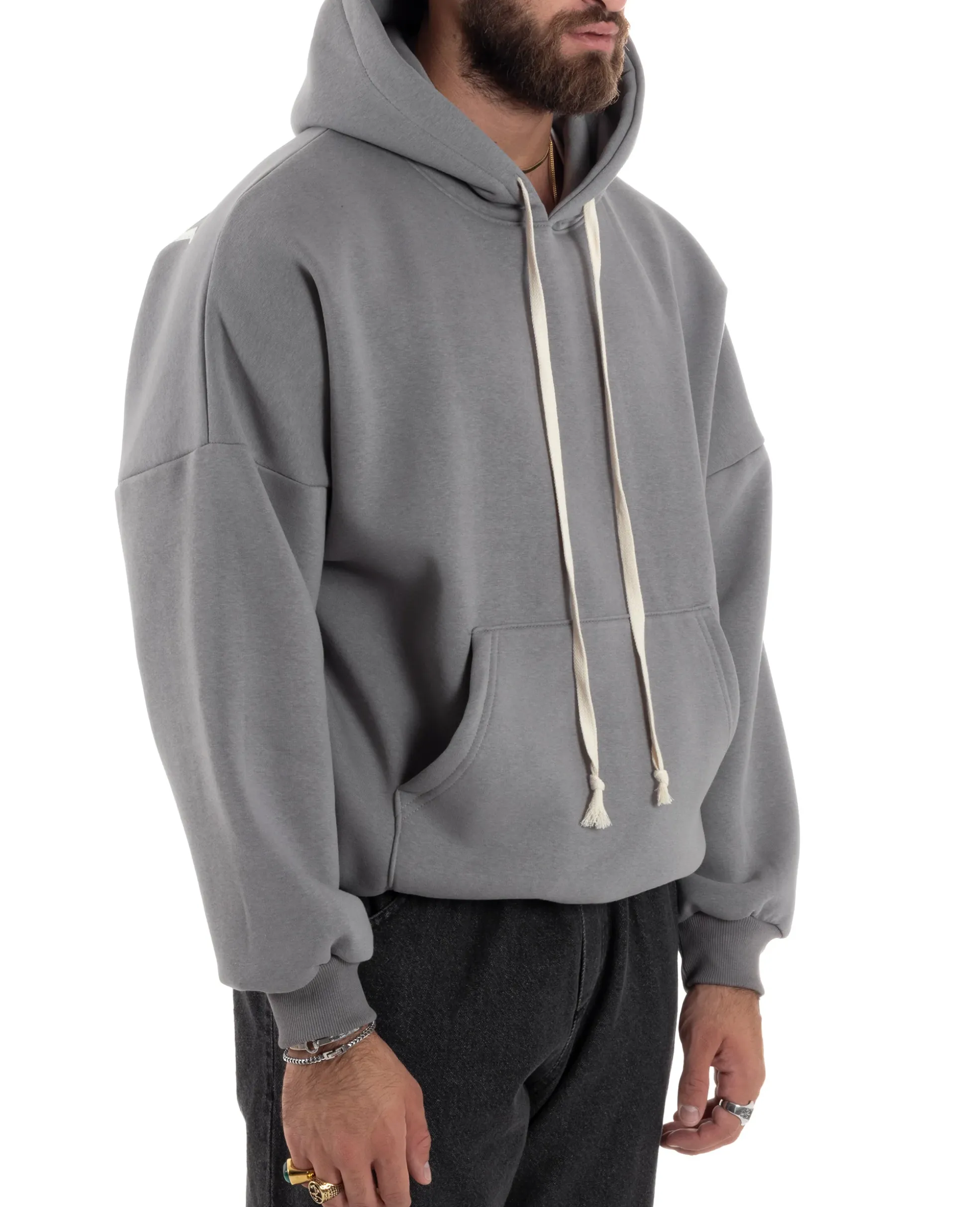 Felpa Uomo PolyCotton Garzata Con Cappuccio Regolabile Stampa Marsupio Maglia Casual Calda Oversize Grigio GIOSAL-F3032A