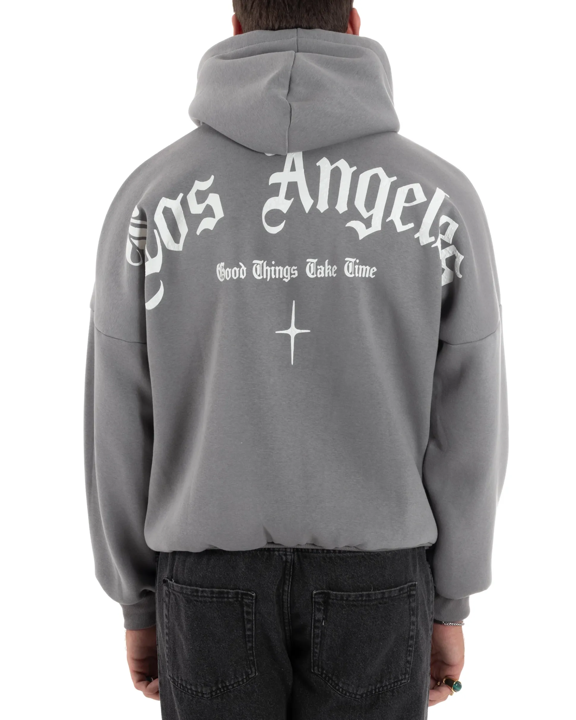 Felpa Uomo PolyCotton Garzata Con Cappuccio Regolabile Stampa Marsupio Maglia Casual Calda Oversize Grigio GIOSAL-F3032A