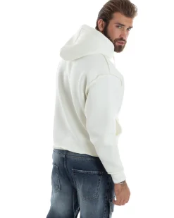 Felpa Uomo PolyCotton Garzata Con Cappuccio Cuciture Reverse E Marsupio Boxy Fit Maglia Morbida Calda Bianco GIOSAL-F3041A