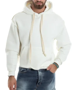 Felpa Uomo PolyCotton Garzata Con Cappuccio Cuciture Reverse E Marsupio Boxy Fit Maglia Morbida Calda Bianco GIOSAL-F3041A