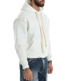 Felpa Uomo PolyCotton Garzata Con Cappuccio Cuciture Reverse E Marsupio Boxy Fit Maglia Morbida Calda Bianco GIOSAL-F3041A