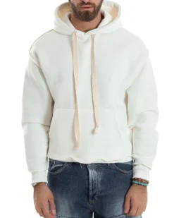 Felpa Uomo PolyCotton Garzata Con Cappuccio Cuciture Reverse E Marsupio Boxy Fit Maglia Morbida Calda Bianco GIOSAL-F3041A