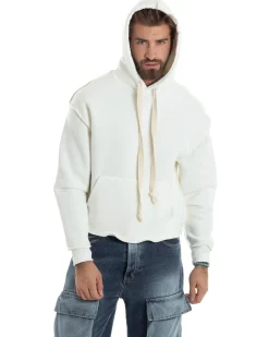 Felpa Uomo PolyCotton Garzata Con Cappuccio Cuciture Reverse E Marsupio Boxy Fit Maglia Morbida Calda Bianco GIOSAL-F3041A