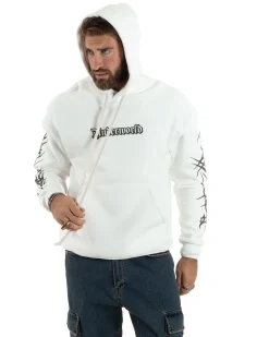 Felpa Uomo PolyCotton Garzata Con Stampa Cappuccio Maglia Calda Marsupio Relaxed Fit Bianco GIOSAL-F3030A