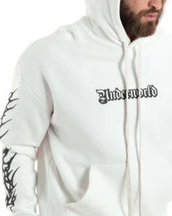 Felpa Uomo PolyCotton Garzata Con Stampa Cappuccio Maglia Calda Marsupio Relaxed Fit Bianco GIOSAL-F3030A