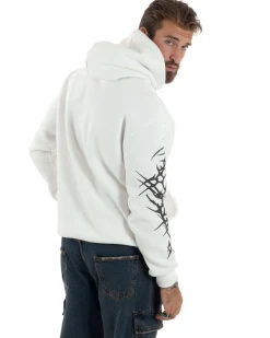 Felpa Uomo PolyCotton Garzata Con Stampa Cappuccio Maglia Calda Marsupio Relaxed Fit Bianco GIOSAL-F3030A