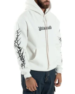 Felpa Uomo PolyCotton Garzata Con Stampa Cappuccio Maglia Calda Marsupio Relaxed Fit Bianco GIOSAL-F3030A