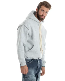Felpa Uomo PolyCotton Garzata Con Cappuccio Cuciture Reverse E Marsupio Boxy Fit Maglia Morbida Calda Grigio GIOSAL-F3040A