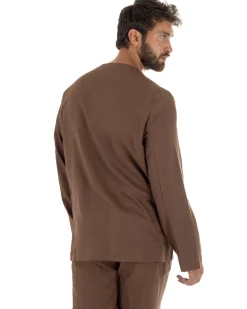 Giacca doppiopetto lino senza rever scollo v marrone GIOSAL-G3399A