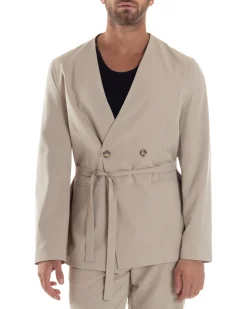 Giacca Doppiopetto Uomo Viscosa Senza Rever Relaxed Fit Casual Tinta Unita Beige GIOSAL-G3296A