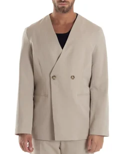 Giacca Doppiopetto Uomo Viscosa Senza Rever Relaxed Fit Casual Tinta Unita Beige GIOSAL-G3296A